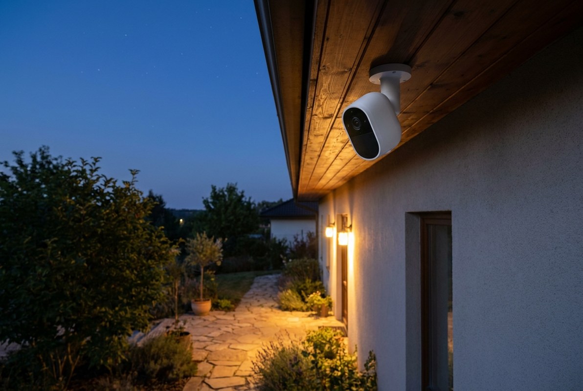 Caméra de surveillance extérieure fixée sous un avant-toit, allée de jardin éclairée à la tombée de la nuit