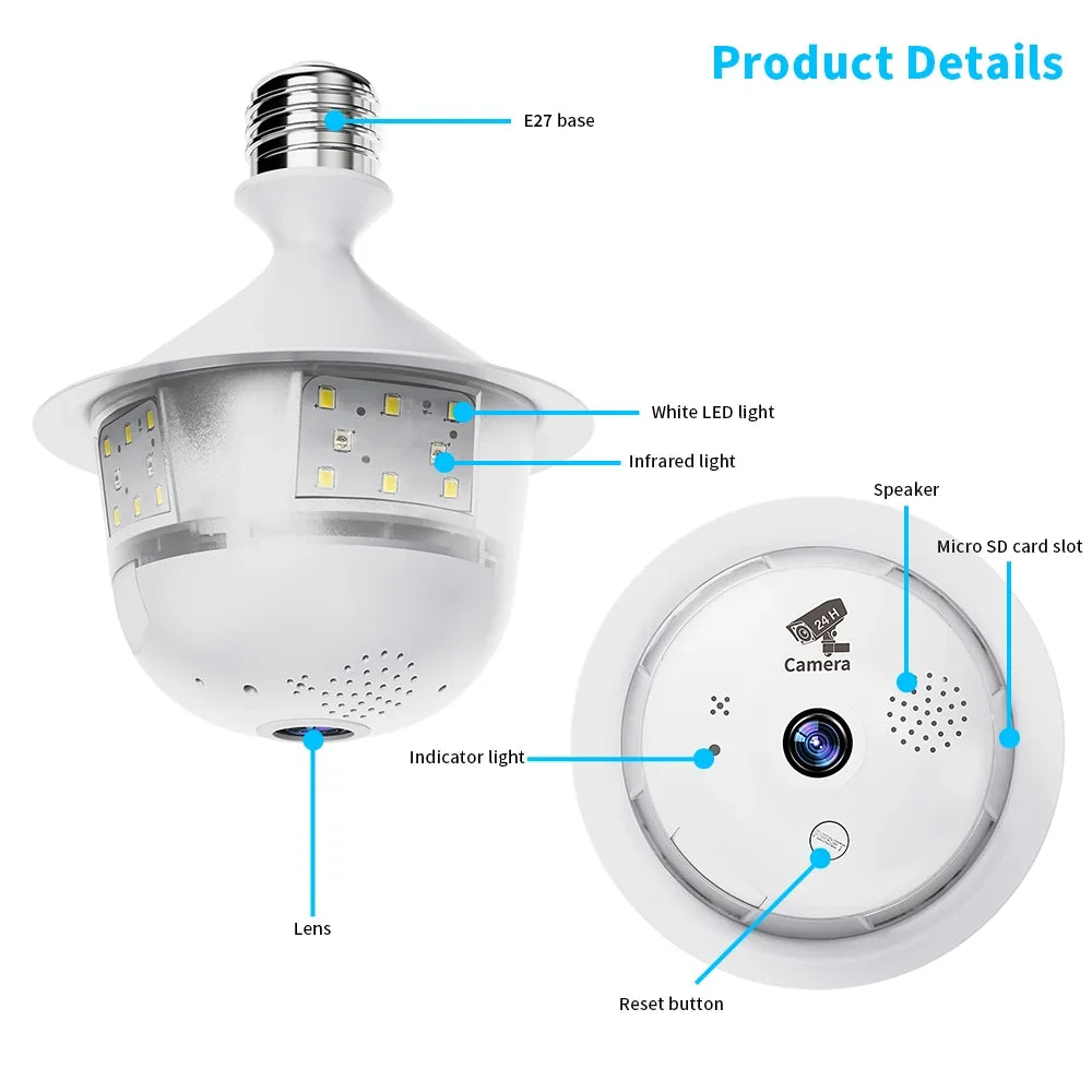Caméra Ampoule Fisheye Wi-Fi 360° Avec Vision Nocturne