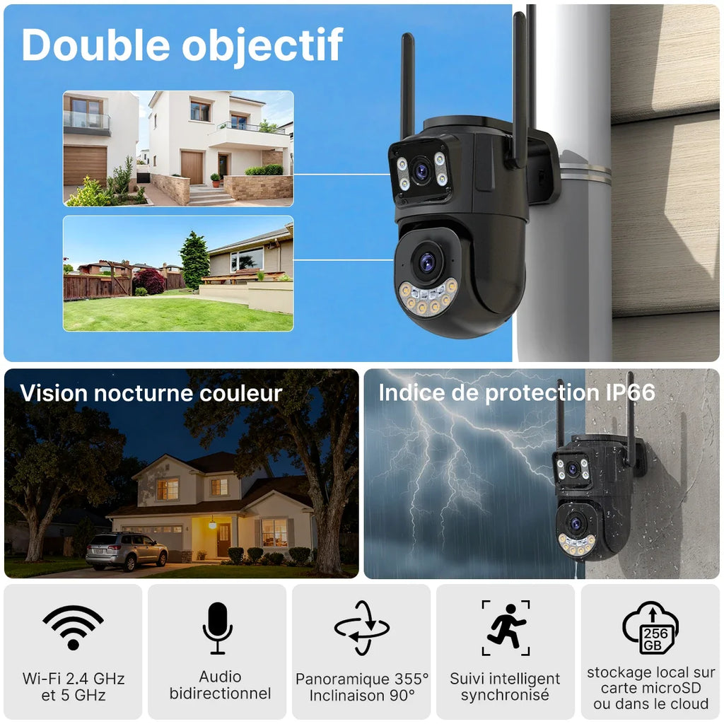 Caméra De Surveillance Extérieure Double Objectif Wi‑Fi