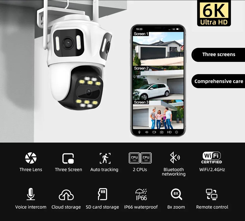 Caméra De Surveillance Extérieure PTZ À Triple Objectif Wi-Fi