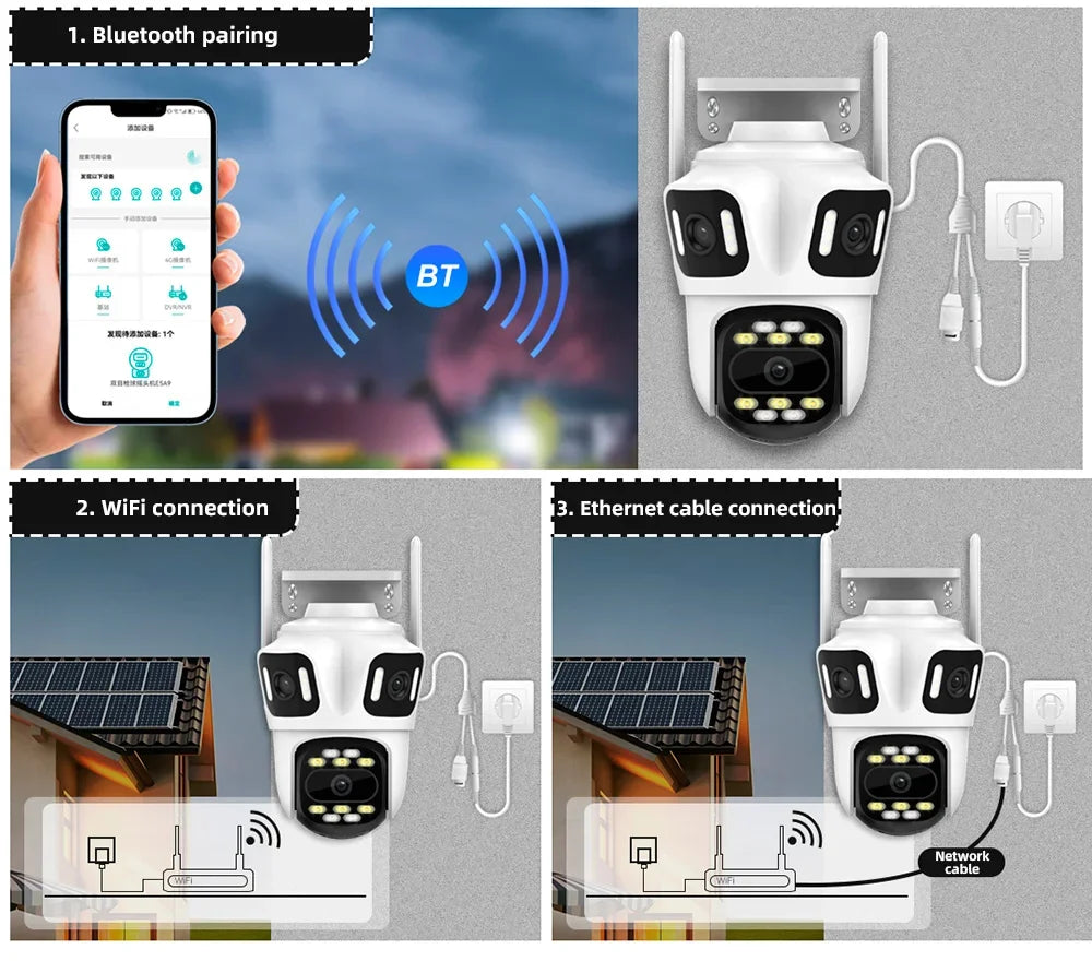 Caméra De Surveillance Extérieure PTZ À Triple Objectif Wi-Fi