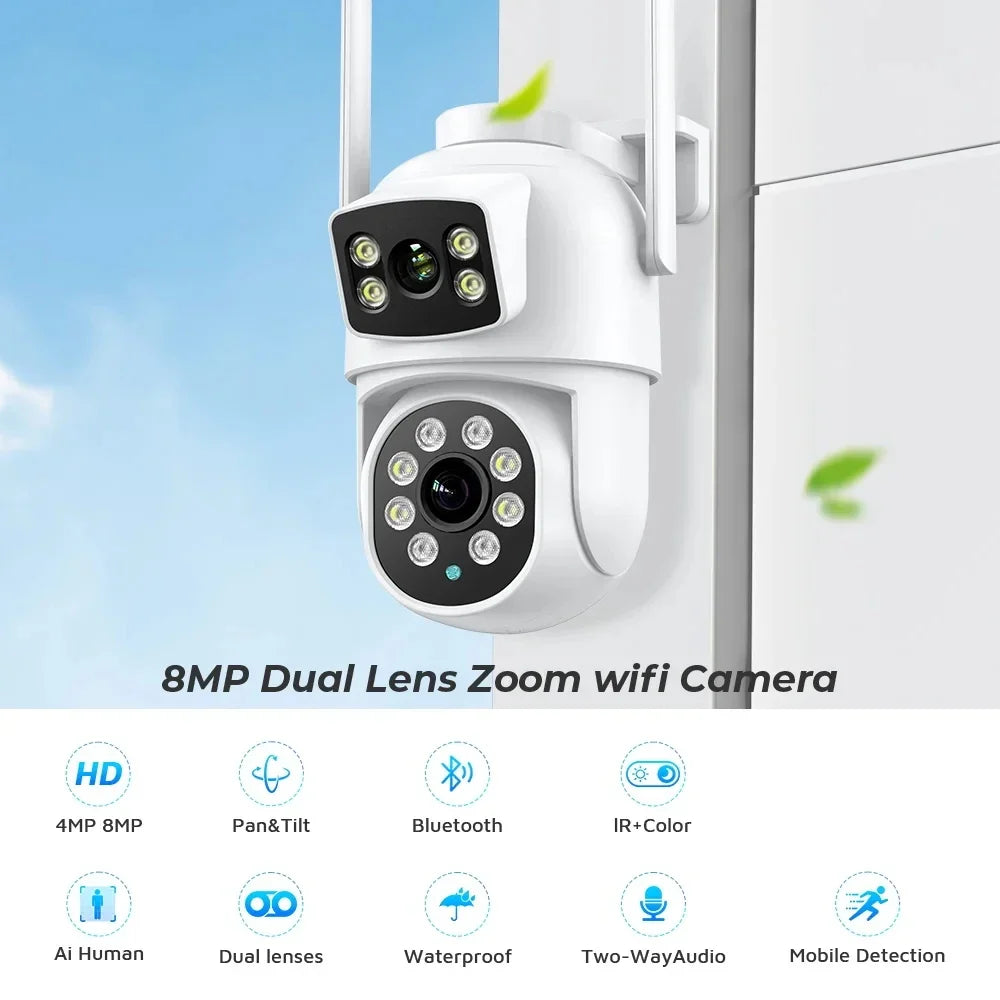 Caméra De Surveillance Extérieure PTZ WiFi Double Objectif 4K