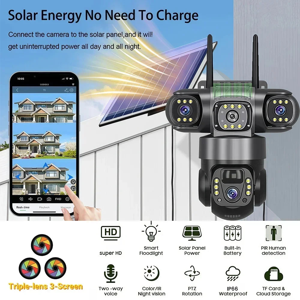 Caméra de Surveillance Solaire 4G Triple Objectif