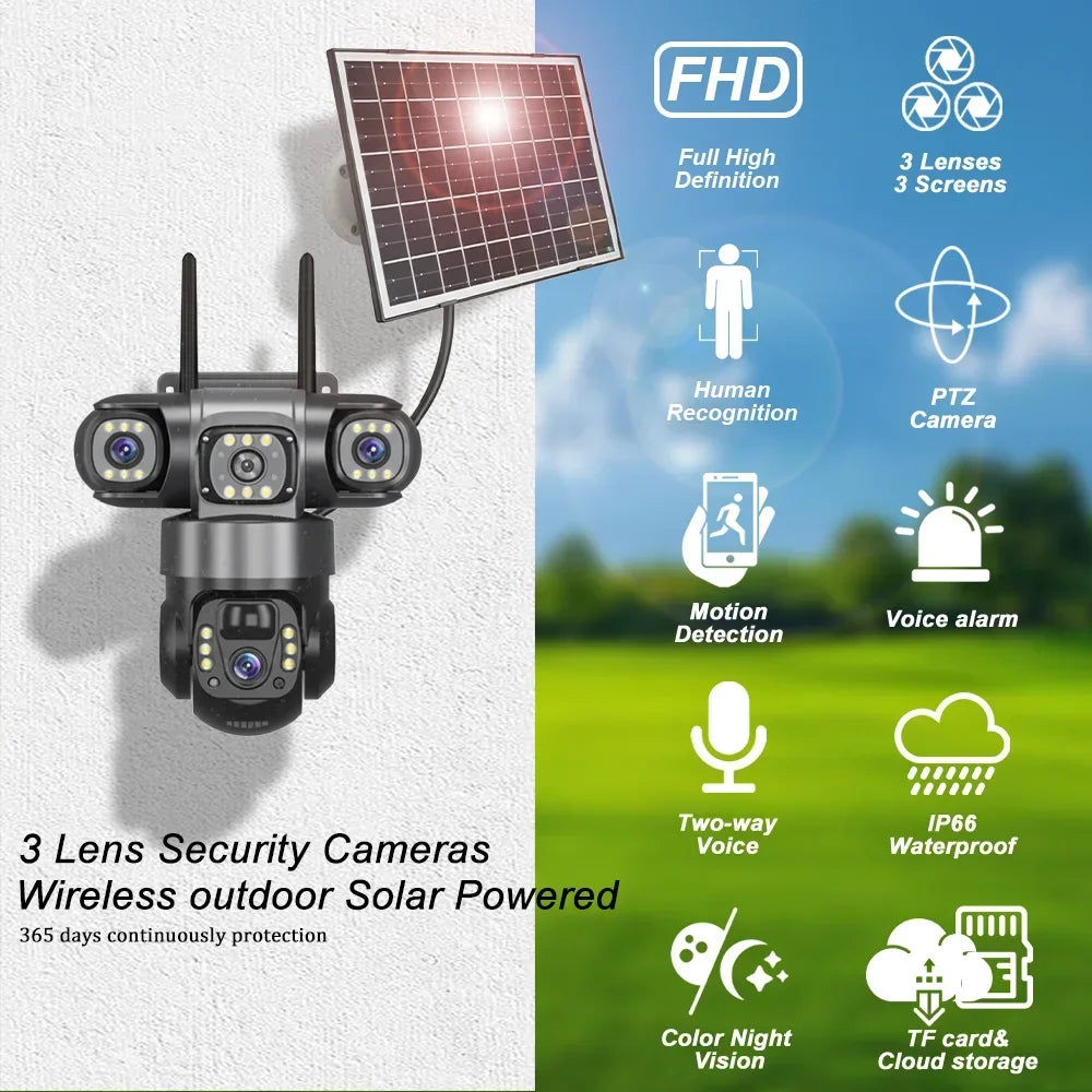 Caméra de Surveillance Solaire 4G Triple Objectif