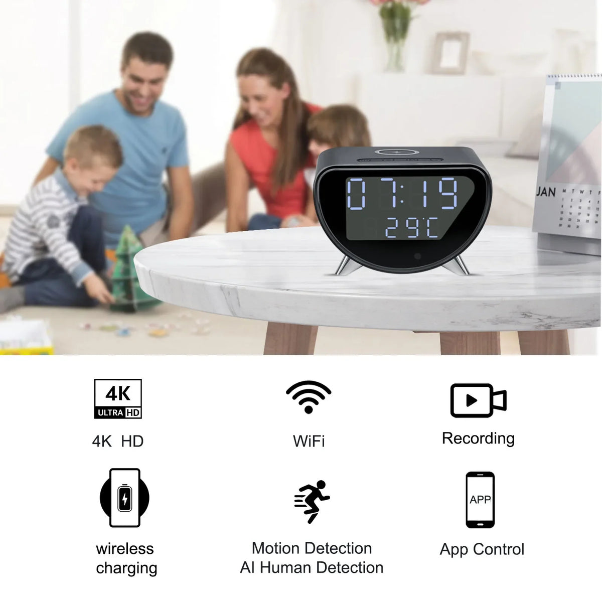 Caméra Réveil Connectée 4K avec Charge Sans Fil