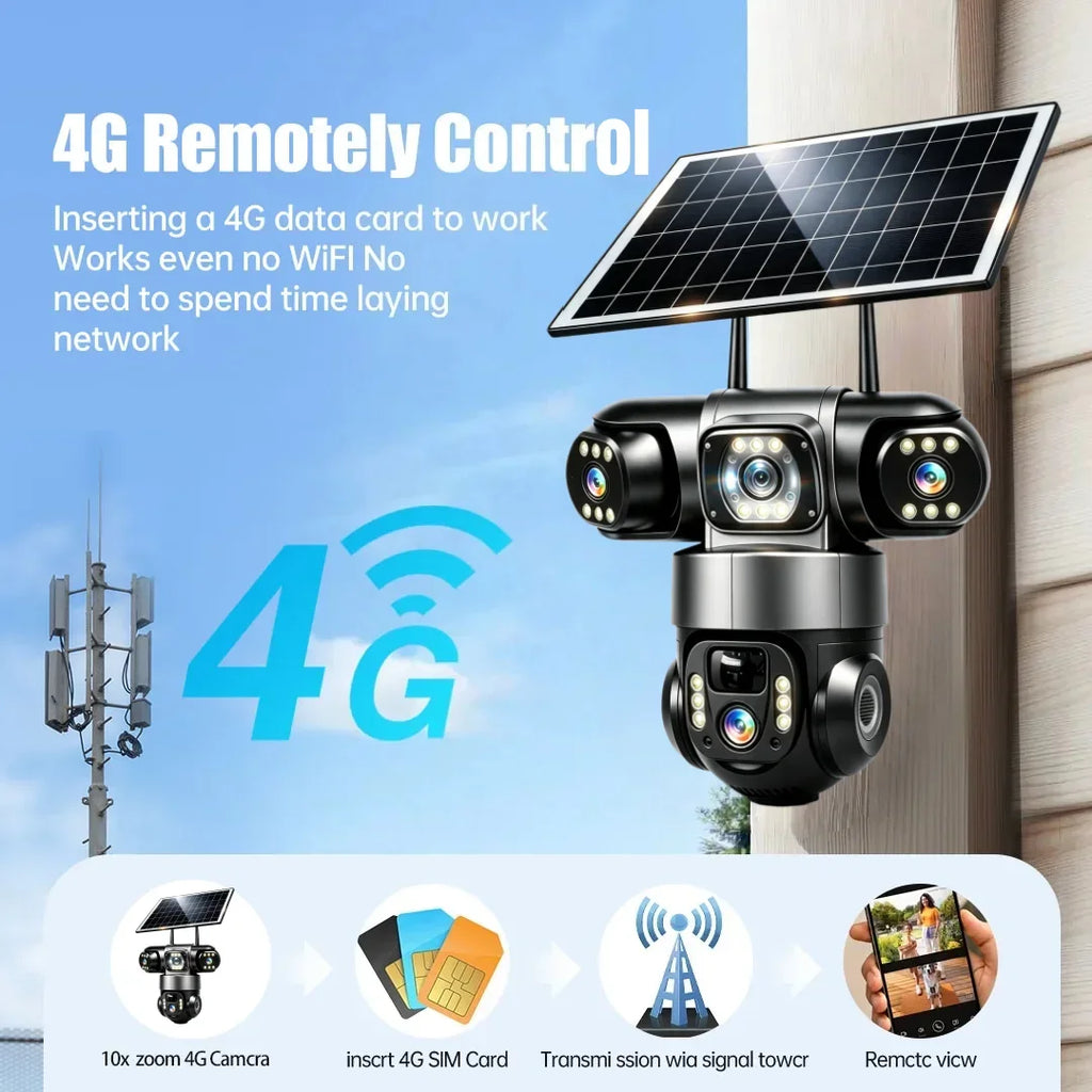Caméra Solaire 4G Extérieure Étanche à 3 Objectifs
