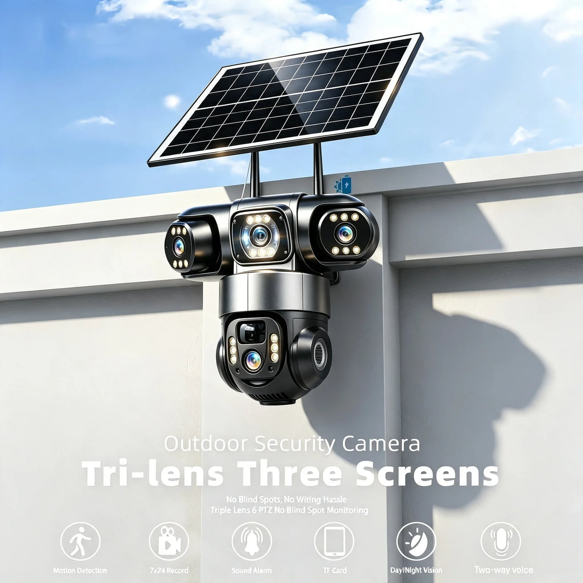 Caméra Solaire 4G Extérieure Étanche à 3 Objectifs