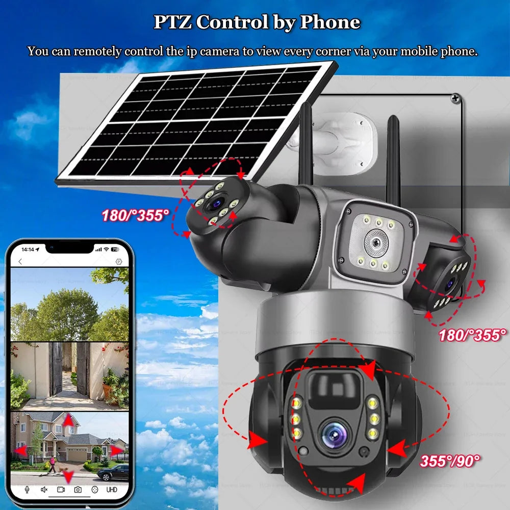Caméra Solaire 4G Extérieure Étanche à 3 Objectifs