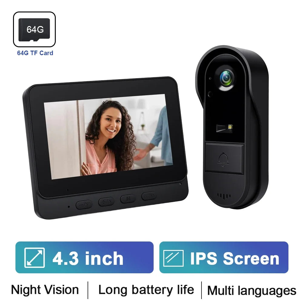 Sonnette Vidéo Sans Fil avec Écran IPS 4,3 Pouces