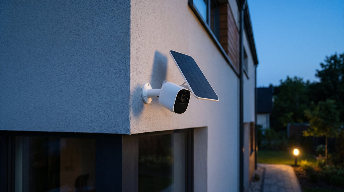 Caméra de surveillance extérieure à panneau solaire fixée à l'angle d'une maison, à la tombée de la nuit